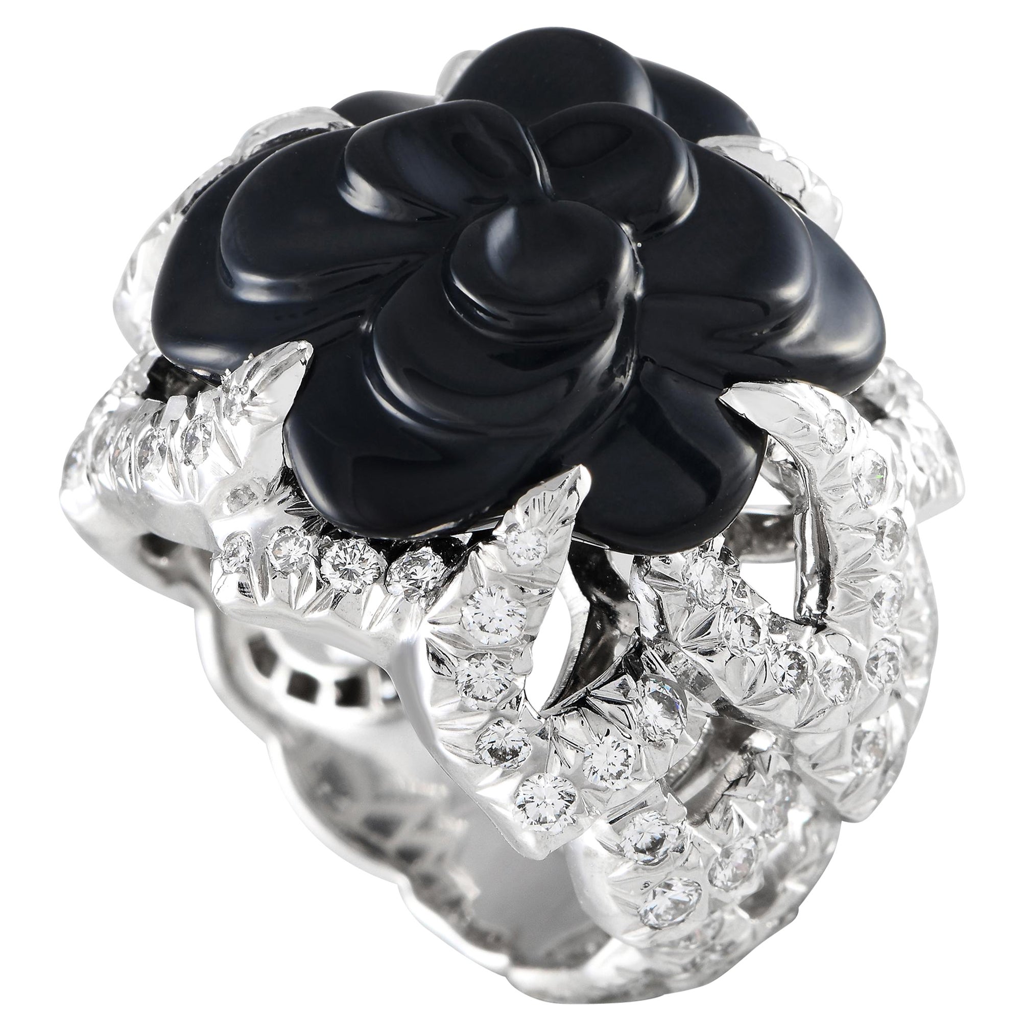 Chanel Camlia 18K White Gold 2.50ct Diamond and Onyx Cocktail Ring For Sale