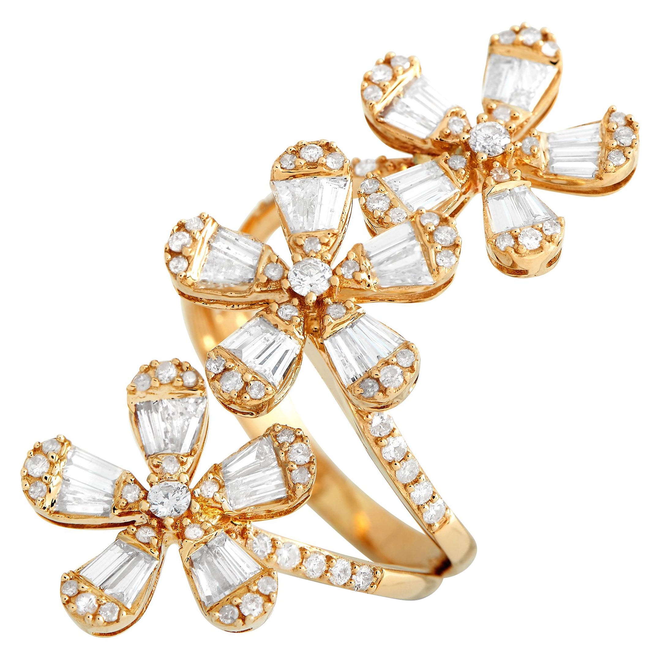 14K Yellow Gold 2.0ct Diamond Triple Flower Split Ring RN31638 For Sale