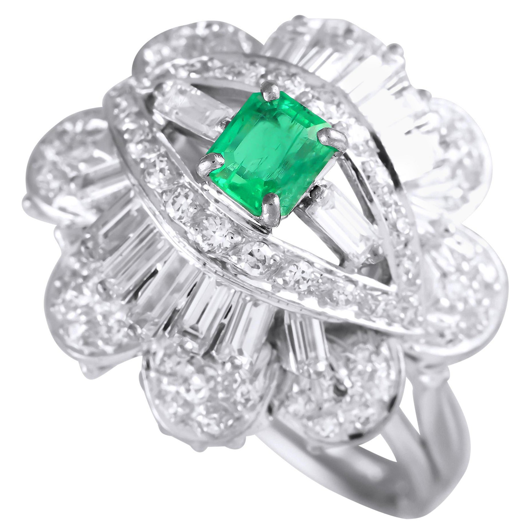 18K White Gold 1.30ct Diamond and Emerald Ring MF05-020124 For Sale