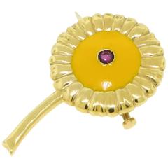 Enamel Sapphire Gold Sunflower Brooch