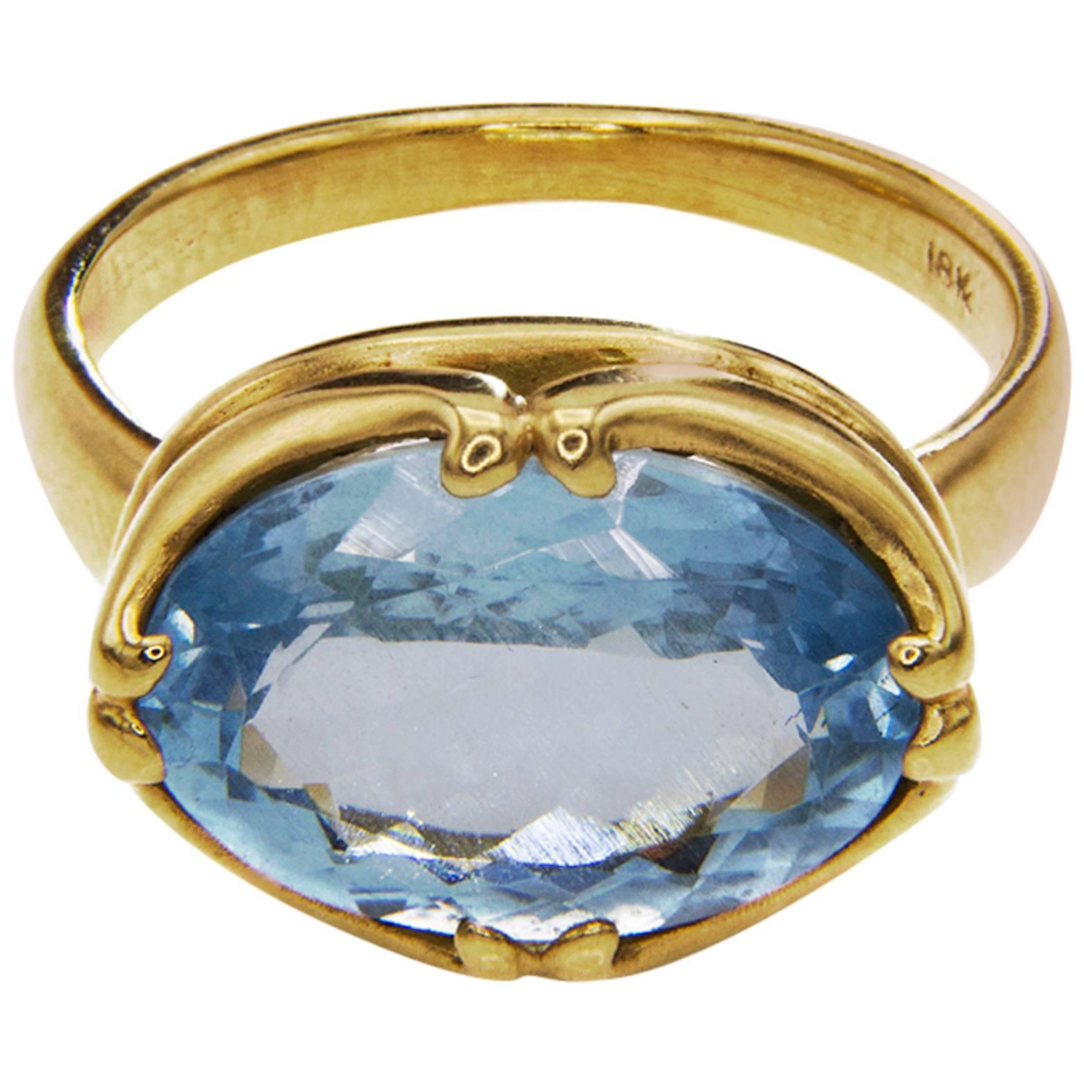 Large Oval Aquamarine Gold Ring Byzantine Style
