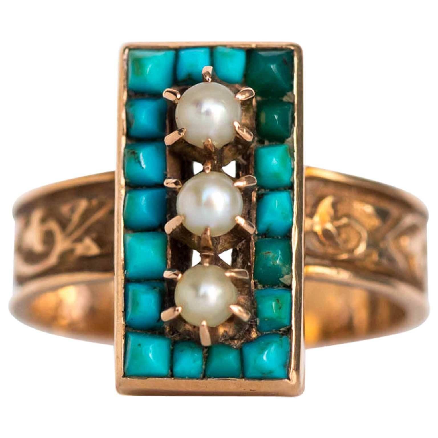 1883 Victorian Turquoise & Three Pearl Gold Ring