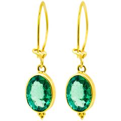 Green Oval Old Mine Cut Emerald Gold Earrings 