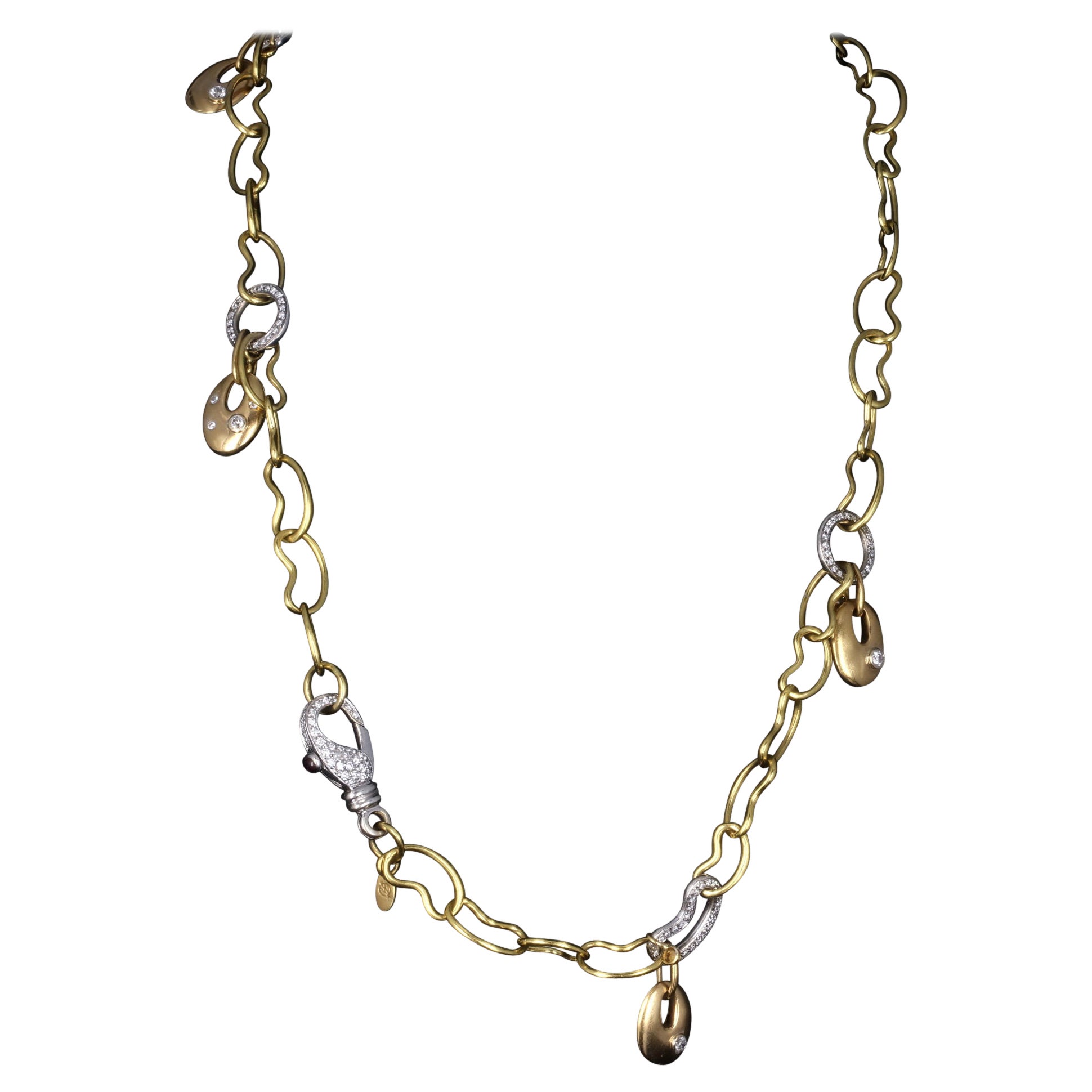 Tri Color 18K Gold Abstract Oval Link Dangling Diamond Necklace For Sale