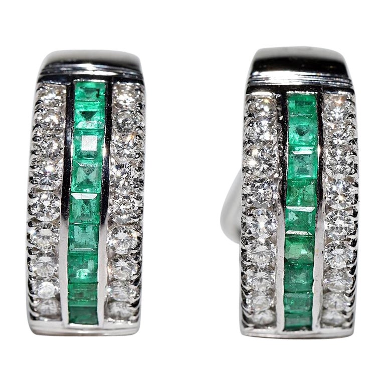 Vintage Circa 1990s 18k Gold Natural Diamond And Caliber Emerald Earring For Sale