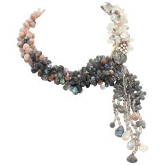 Labradorite Moonstone Sunstone Tanzanite Crystal Quartz Diamond Gold Necklace