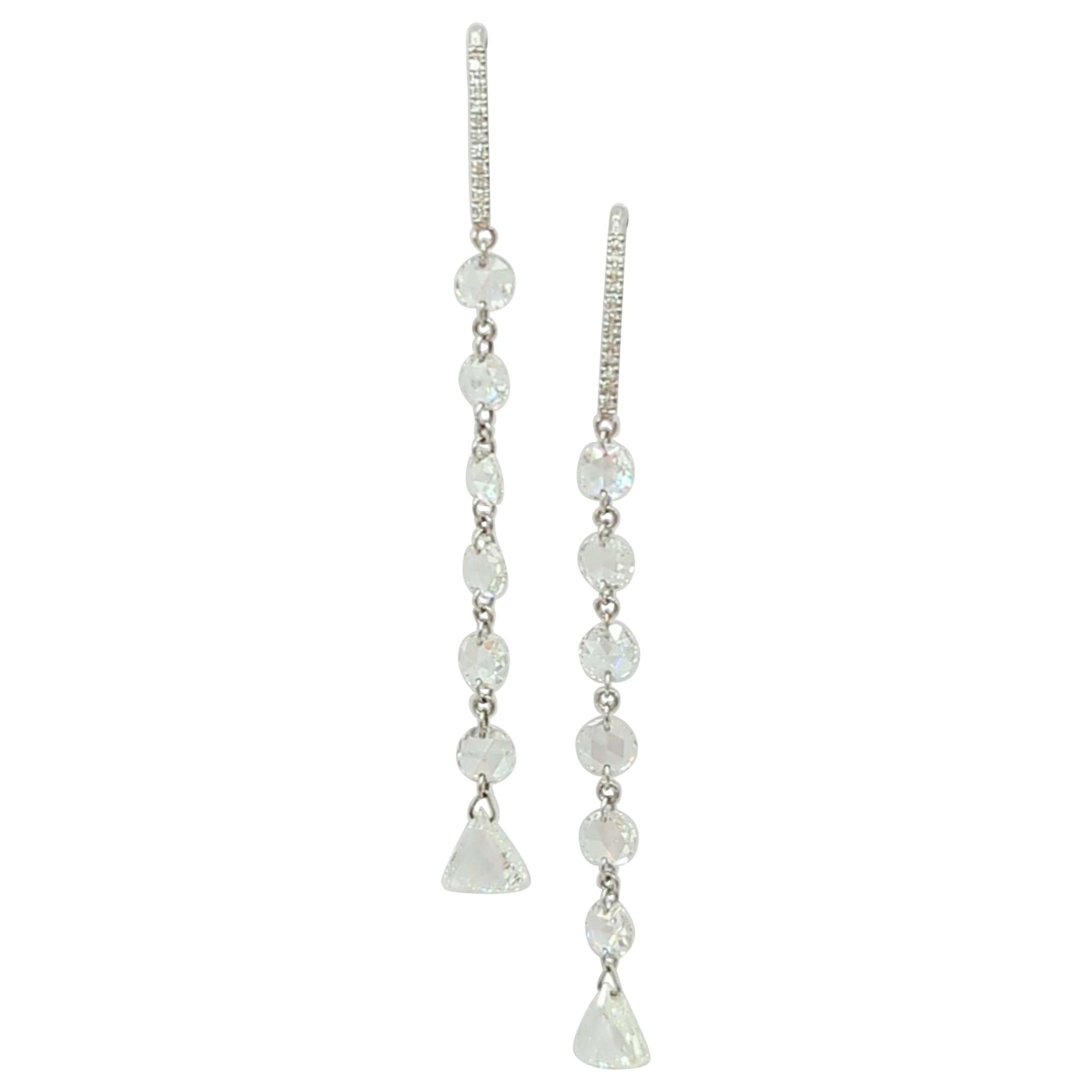Multi-Shape Rose Cut White Diamond Dangle Earrings in 18K White Gold For Sale