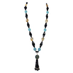 Marina J. Black Onyx, Chalcedony, Citrine & Gold Cluster Necklace with Tassel