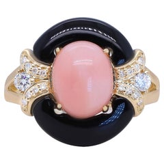 Onyx and Oval-Cab Pink Opal with Diamond Accents 14K Yellow Gold Ring