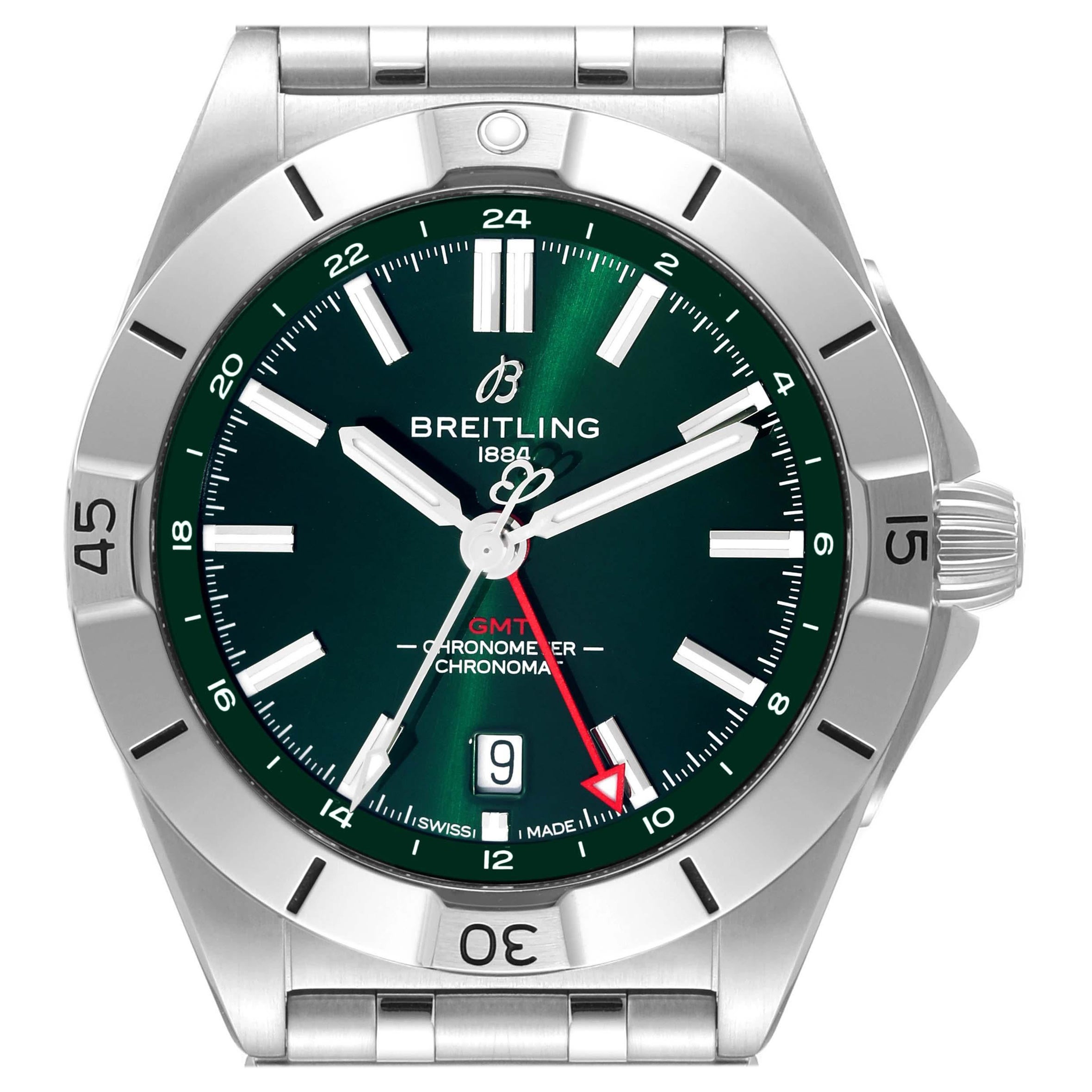 Breitling Chronomat GMT 40 Green Dial Steel Mens Watch A32398 Box Card