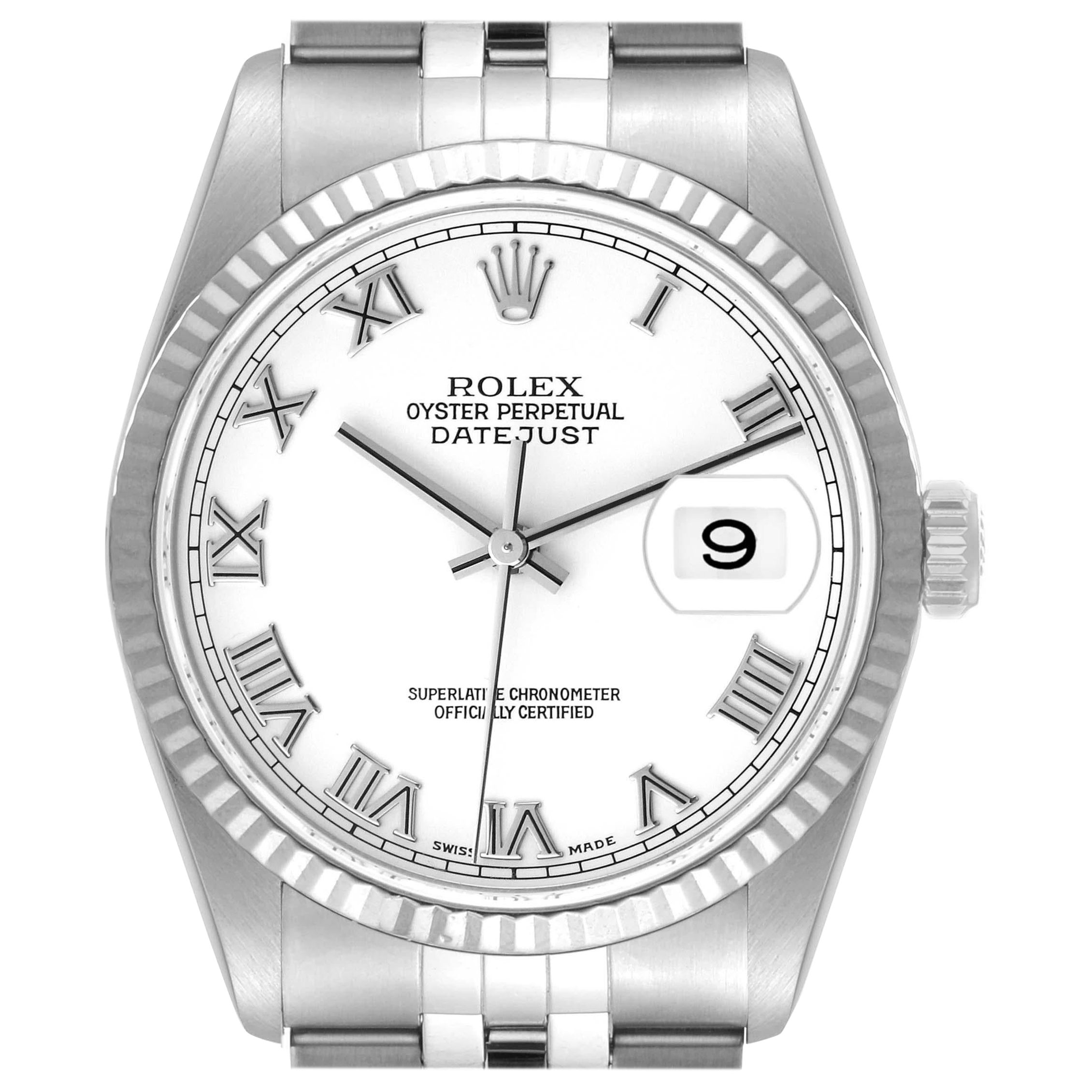 Rolex Datejust Roman Dial Steel White Gold Mens Watch 16234 Box Papers