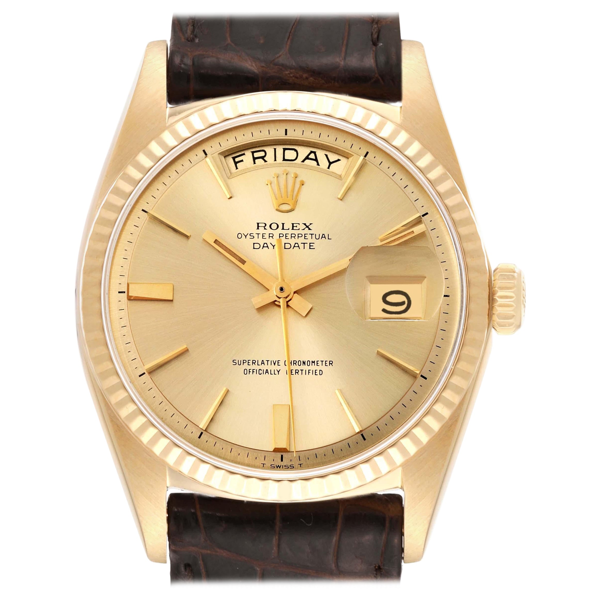 Rolex President Day-Date 36mm Yellow Gold Leather Strap Vintage Mens Watch 1803