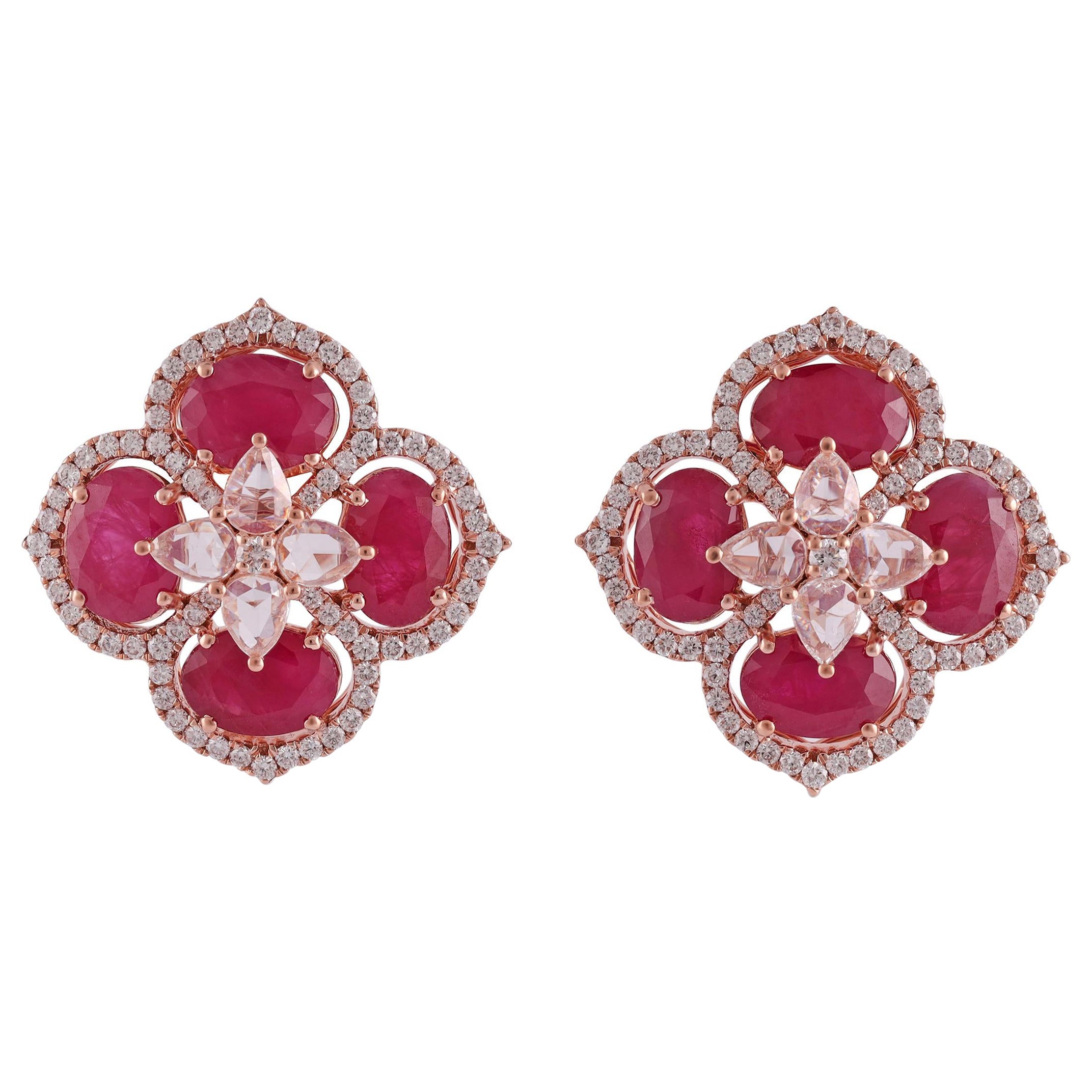 7.44 Carat Ruby Earrings in Rose Gold with Diamonds For Sale