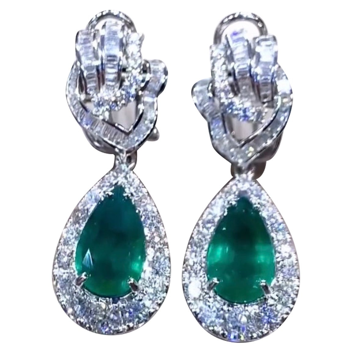 AIG Certified 8.90 Carats Zambian Emeralds  5.00 Ct Diamonds 18K Gold Earrings  For Sale