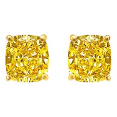GIA Certified Diamond Studs 4.00 Carat VVS, Fancy Intense Yellow, Cushion Cut