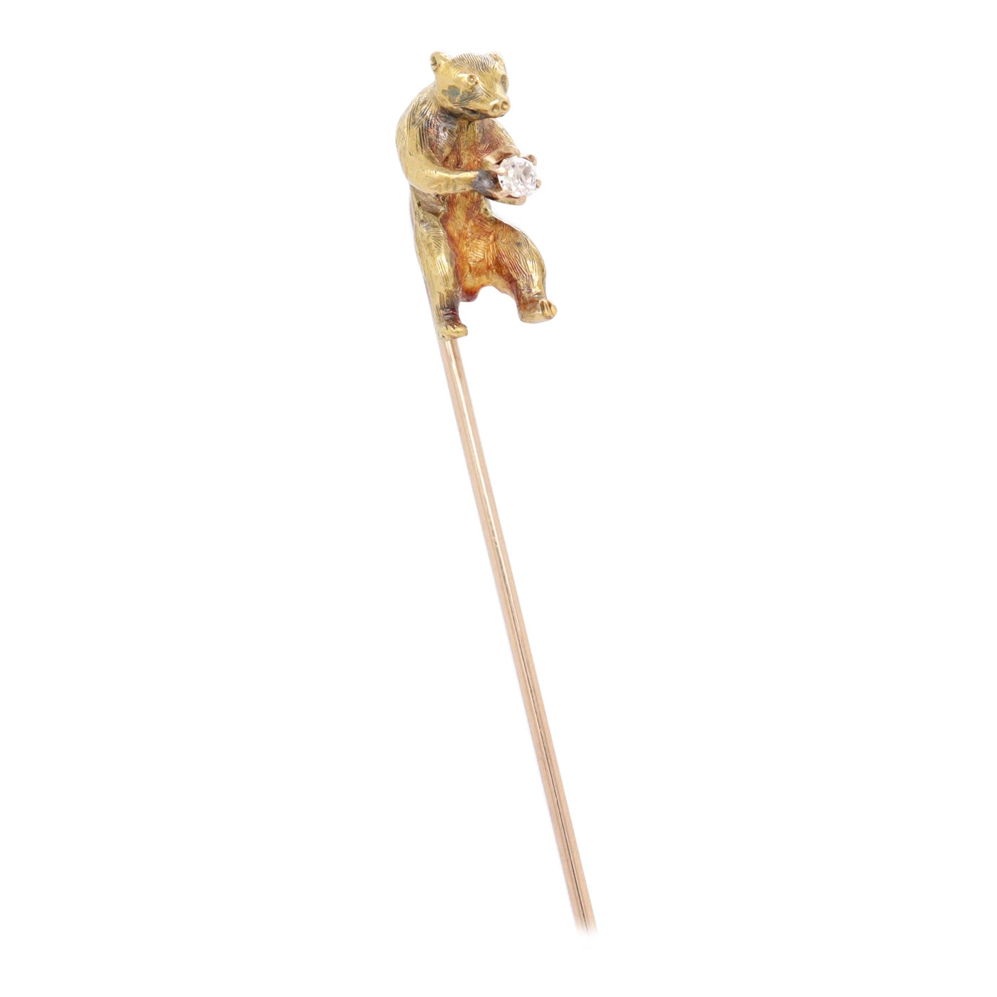 Antique Gold & Diamond Figural Walking Bear Stickpin For Sale