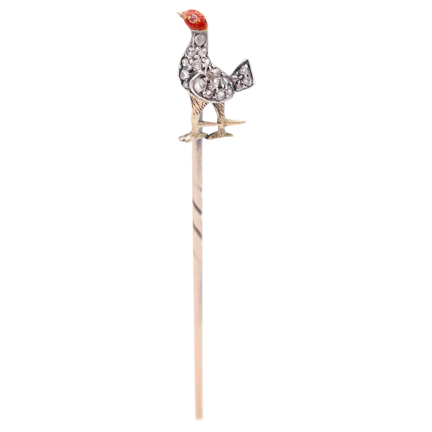 Antique Victorian Gold, Rose Cut Diamond, and Enamel Pheasant Stickpin