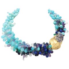 Sapphire Diamond Lapis Opal Pearl Moonstone Crystal Chalcedony Gold Necklace