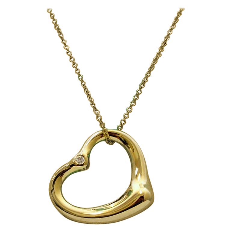 TIFFANY & Co. Elsa Peretti 18K Gold 2 Diamond 22mm Open Heart Pendant Necklace For Sale