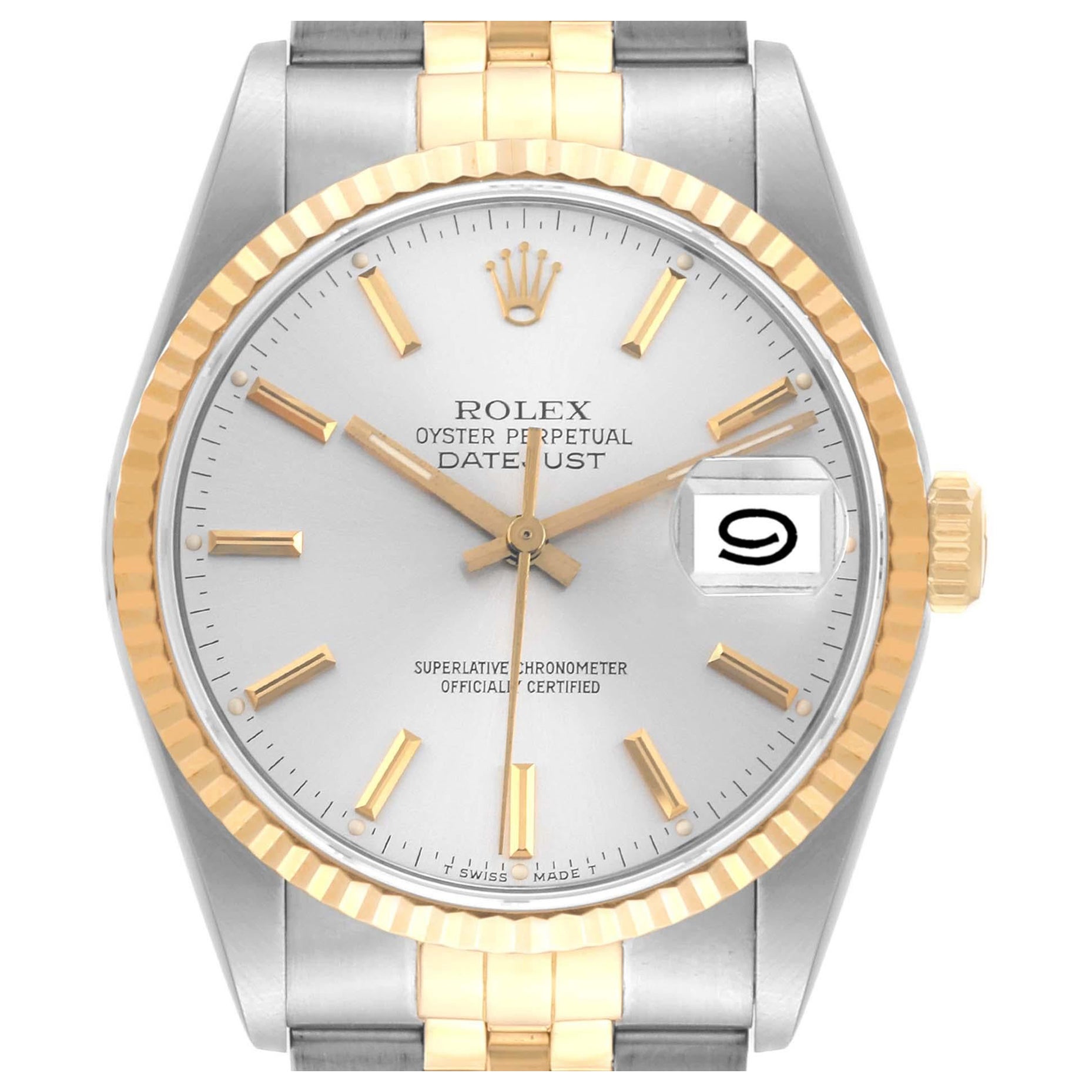 Rolex Datejust 36 Steel Yellow Gold Silver Dial Mens Watch 16233 Box Papers