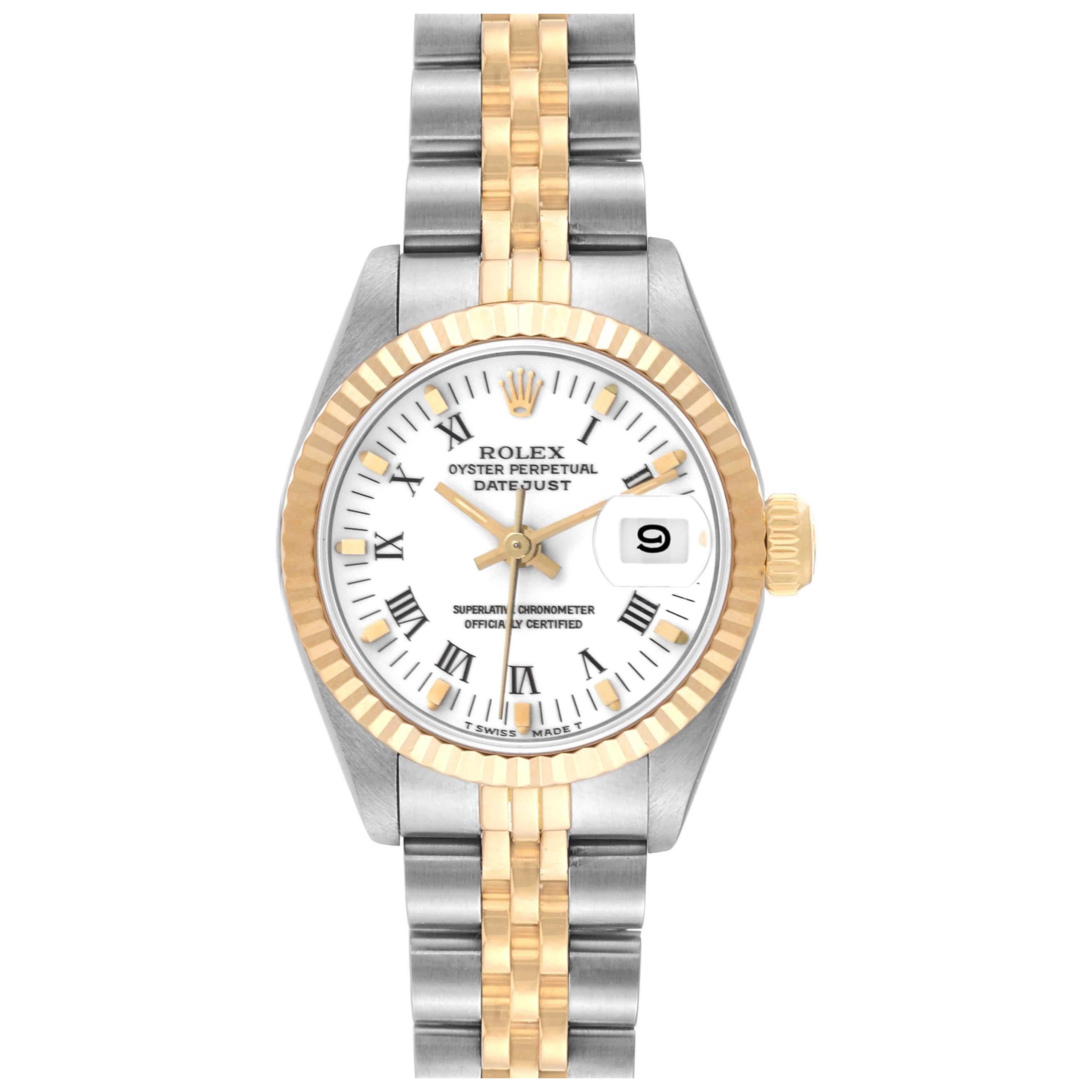Rolex Montre Datejust pour femme en acier et or jaune avec cadran romain blanc 69173 en vente