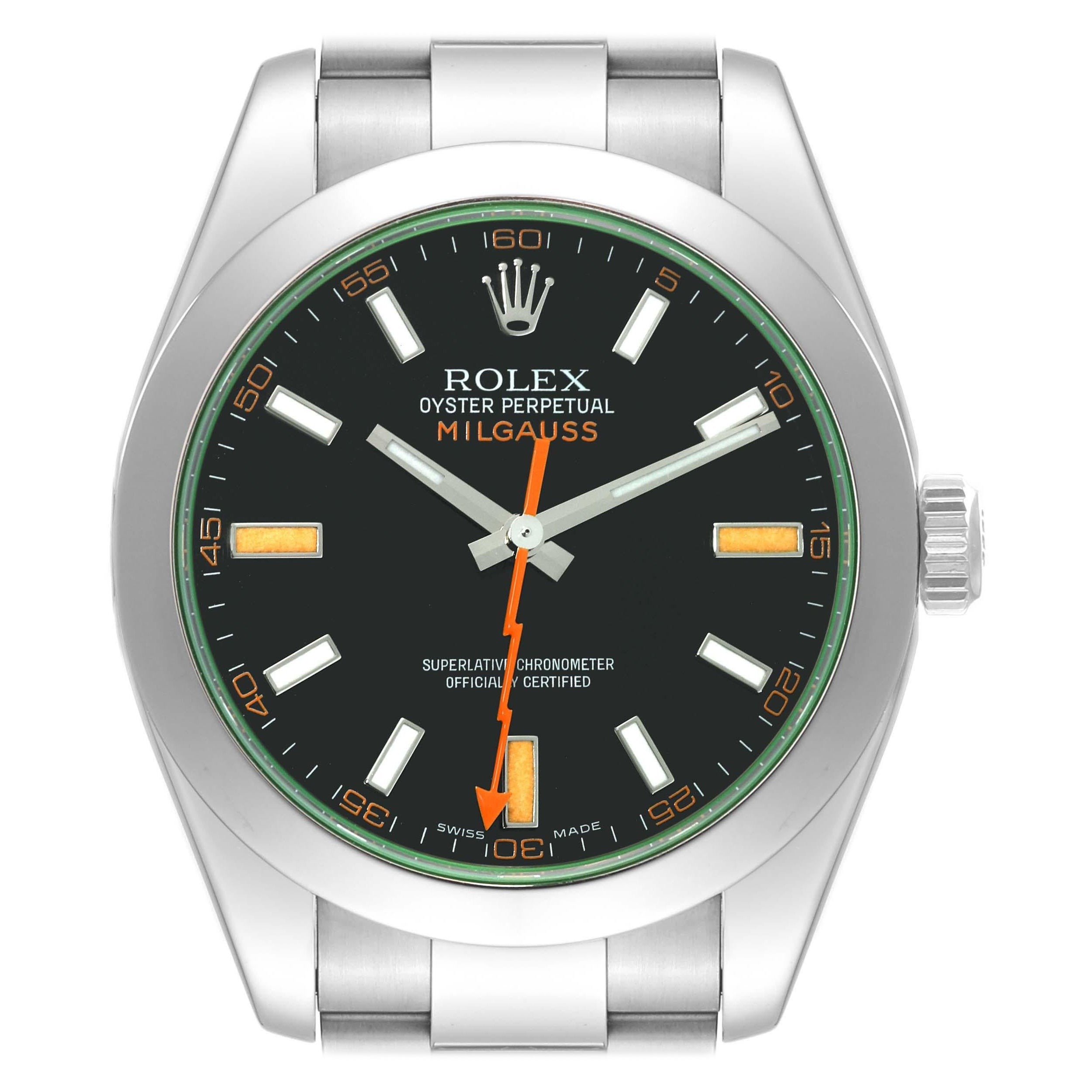 Rolex Milgauss Black Dial Green Crystal Steel Mens Watch 116400