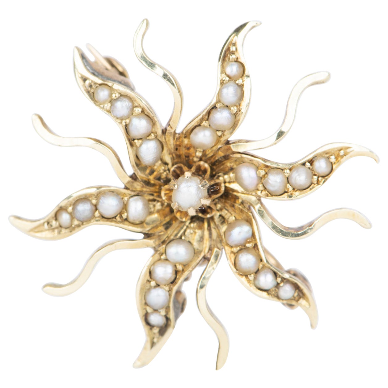 14K Gold Antique Victorian Seed Pearl Sunburst Brooch Pendant V1086 For Sale