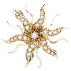 14K Gold Antique Victorian Seed Pearl Sunburst Brooch Pendant V1086