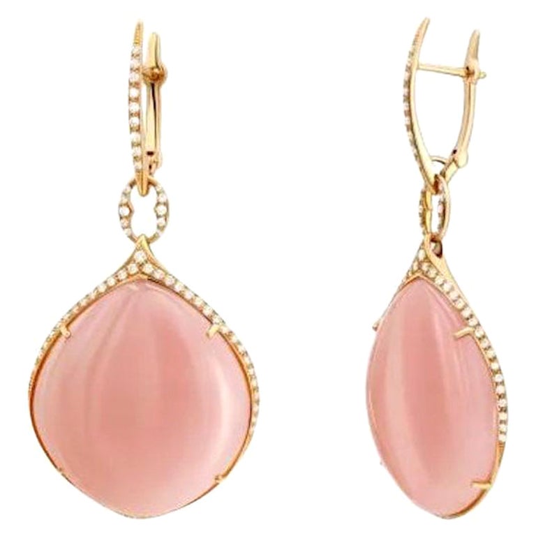 Chic Pink Quartz 49.78 ct Diamond Yellow 18k Gold Dangle Earrings for Her For Sale
