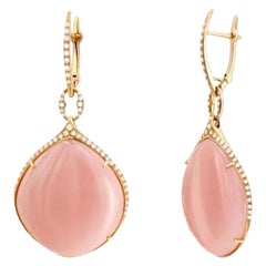 Chic Pink Quartz 49.78 ct Diamond Yellow 18k Gold Dangle Earrings for Her