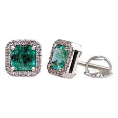 NO RESERVE! 1.26Ct Emerald & 0.20Ct Diamonds - 14 kt. White gold - Earrings