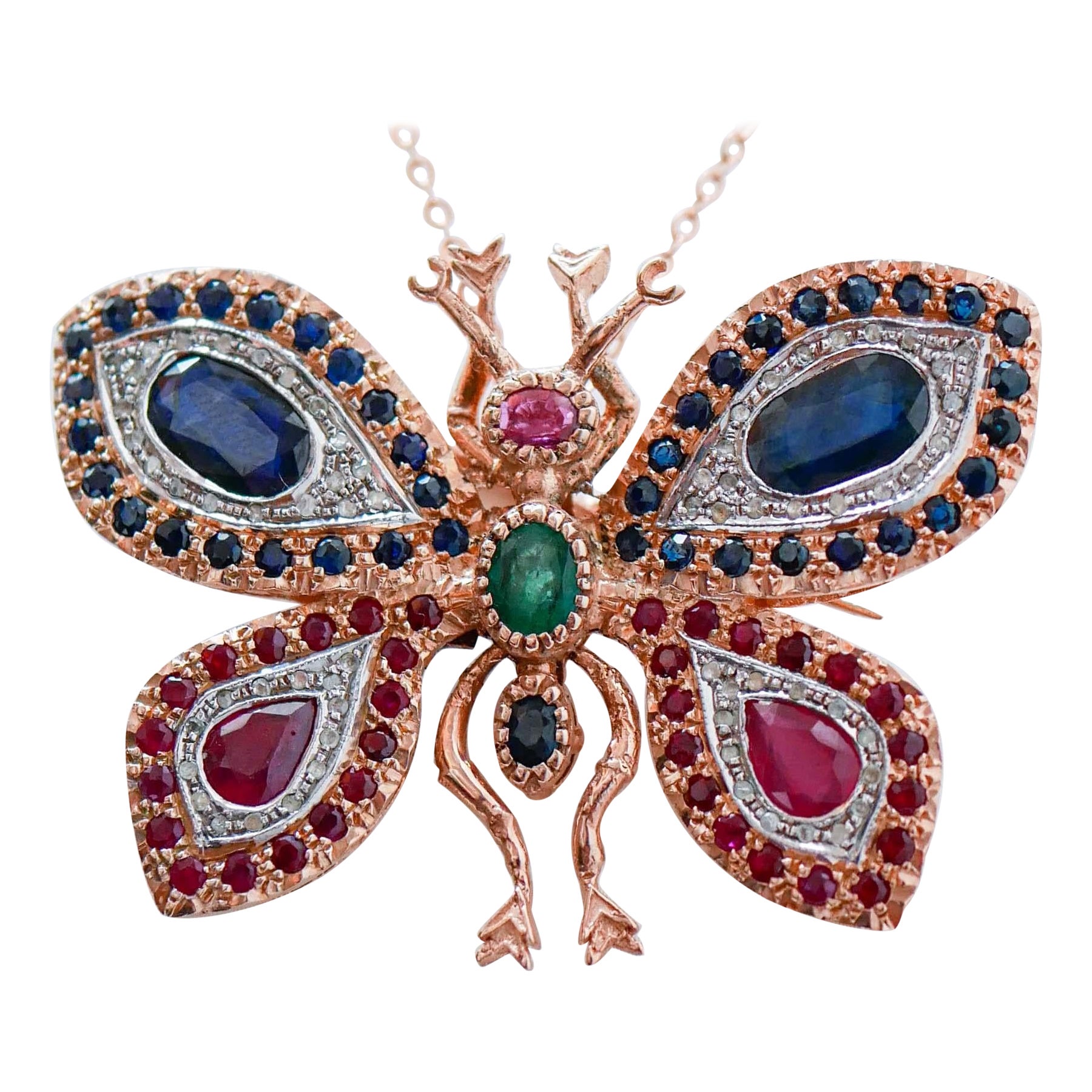 Sapphires, Rubies, Emerald, Diamonds, Rose Gold and Silver Brooch/Pendant. For Sale