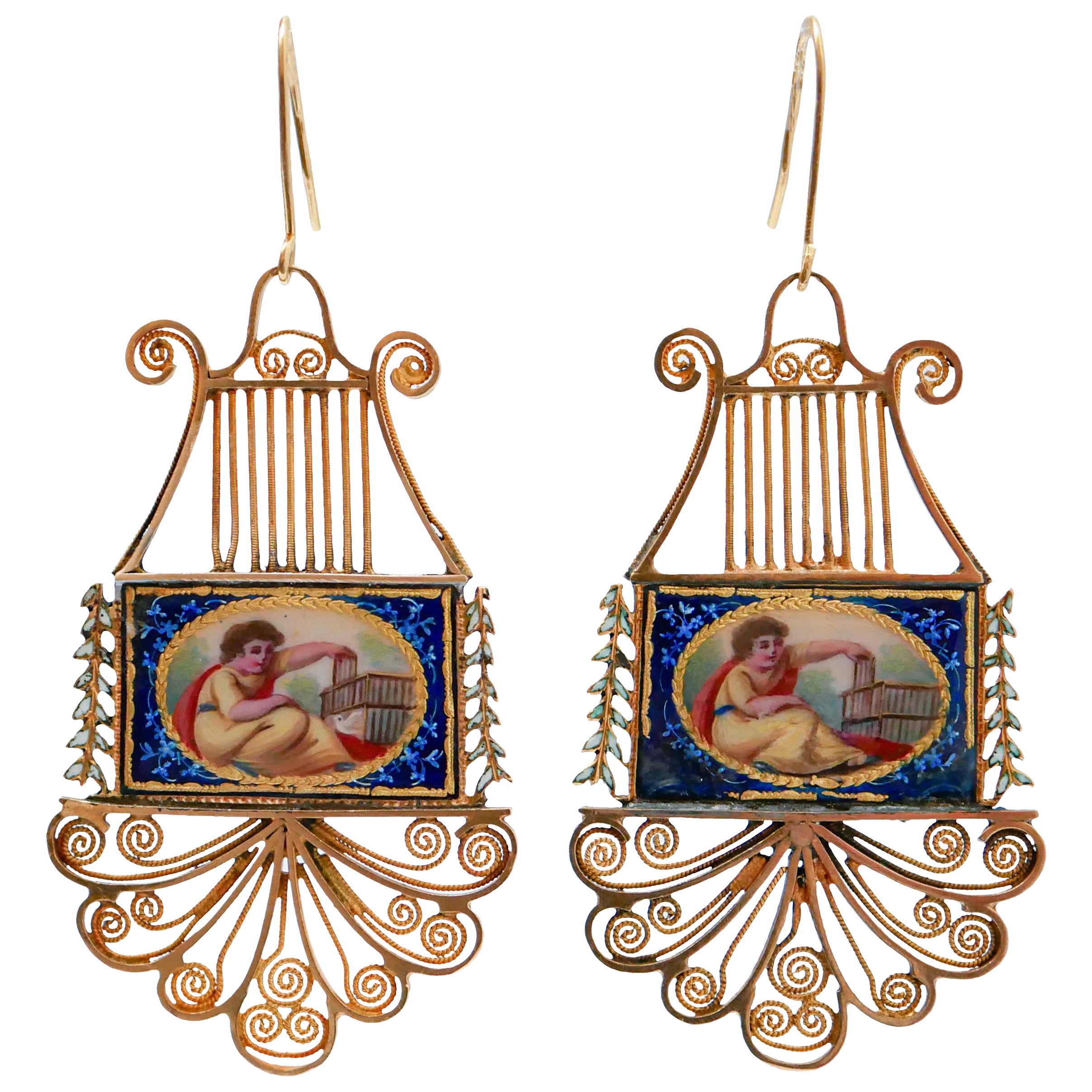 Enamel, 18 Karat Rose Gold Retrò Earrings. For Sale