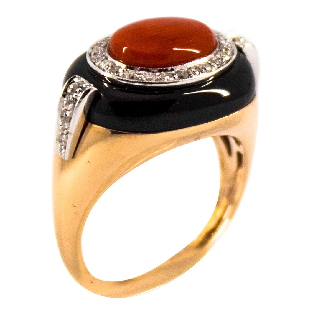 Art Deco Style Sardinia Red Coral White Diamond Onyx Yellow Gold Cocktail Ring For Sale