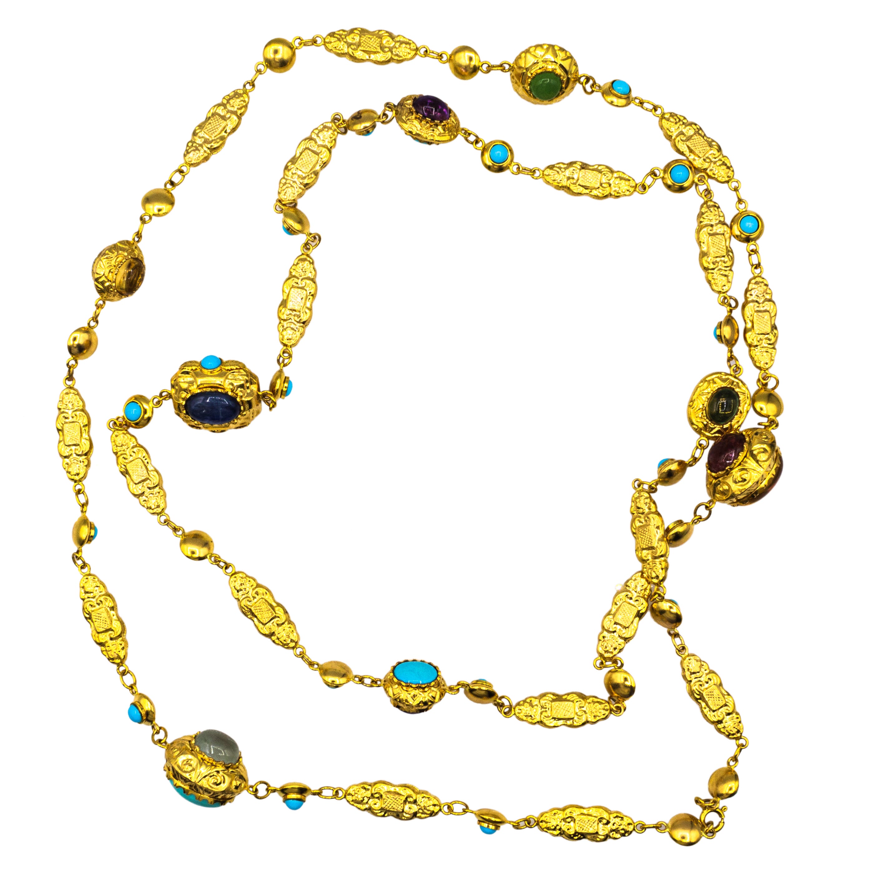 Gelbgold-Tropfen-Halskette mit Amethyst, Türkis, Turmalin, Chalcedon und Chrysopras im Angebot