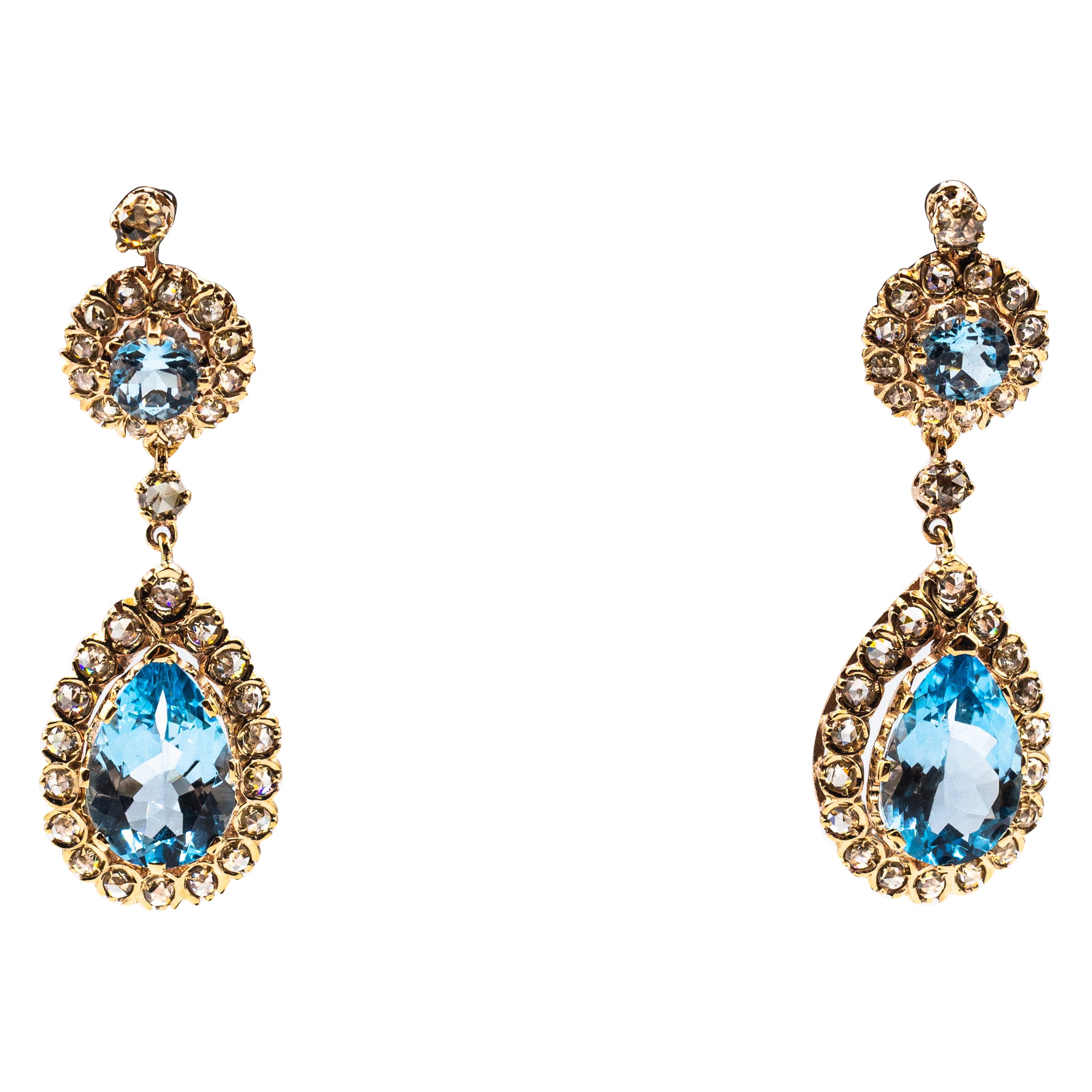 Ohrringe im Art-Déco-Stil mit Klappbrisur aus Gelbgold mit weißem Diamanten im Rosenschliff und blauem Topas im Angebot