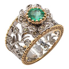 Vintage Art Deco Style White Modern Round Cut Diamond Emerald Yellow Gold Band Ring