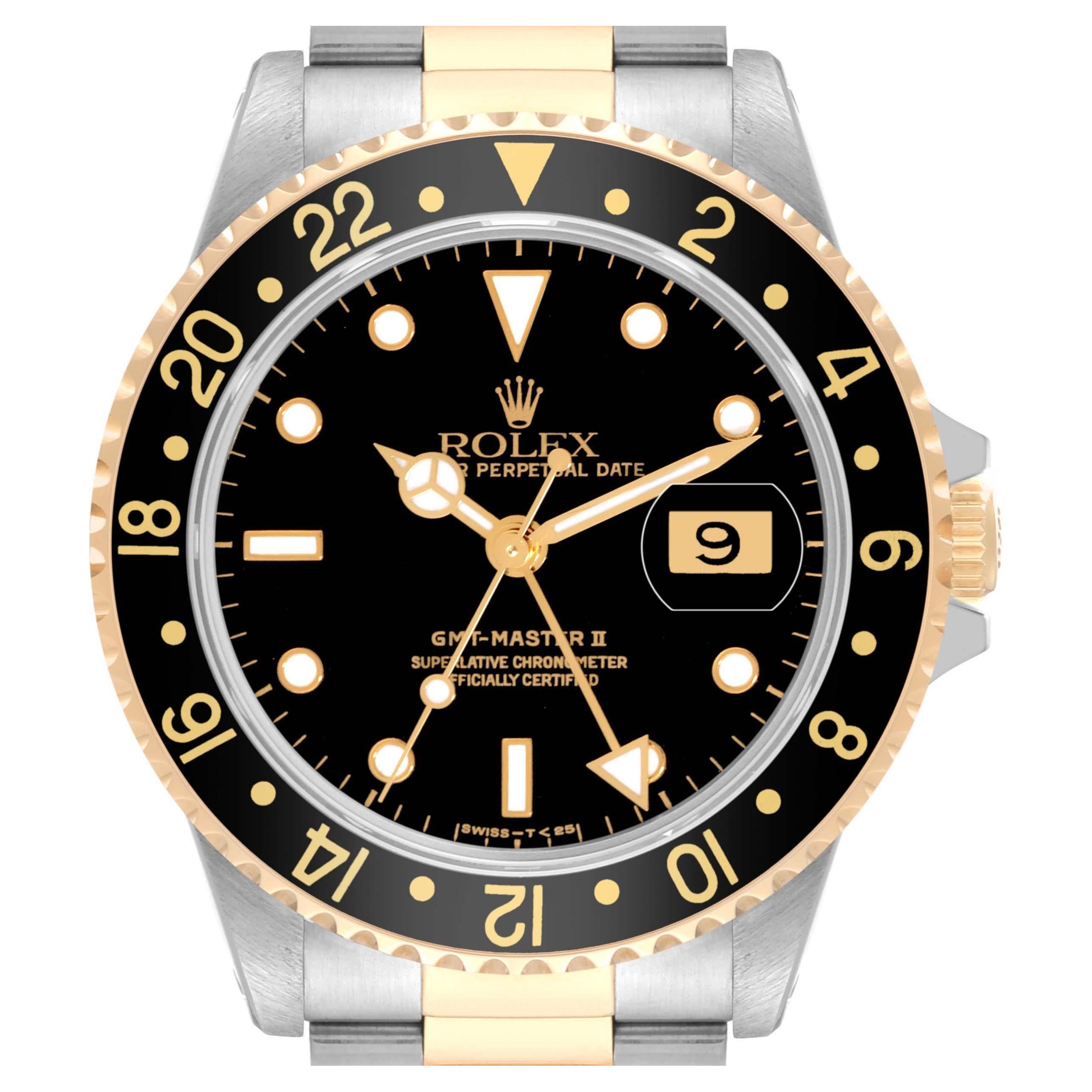 Rolex GMT Master II Black Dial Yellow Gold Steel Mens Watch 16713 For Sale