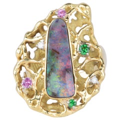 Opale australiano Boulder Anello di dichiarazione dal design modernista in oro 18 carati 14,2 g V1112