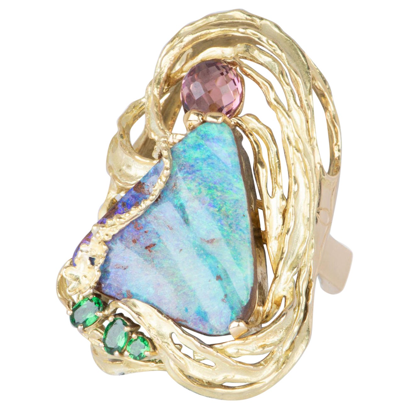 Aqua Blue Green Australian Boulder Opal Ring Pendant Combo 18K Gold 26g V1128 For Sale