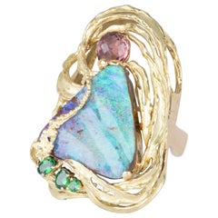 Aqua Blue Green Australian Boulder Opal Ring Pendant Combo 18K Gold 26g V1128