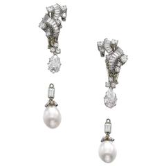 Detachable Pearl and Diamond Pendant Ear Clips in Platinum & 18k Gold, Vourakis 1