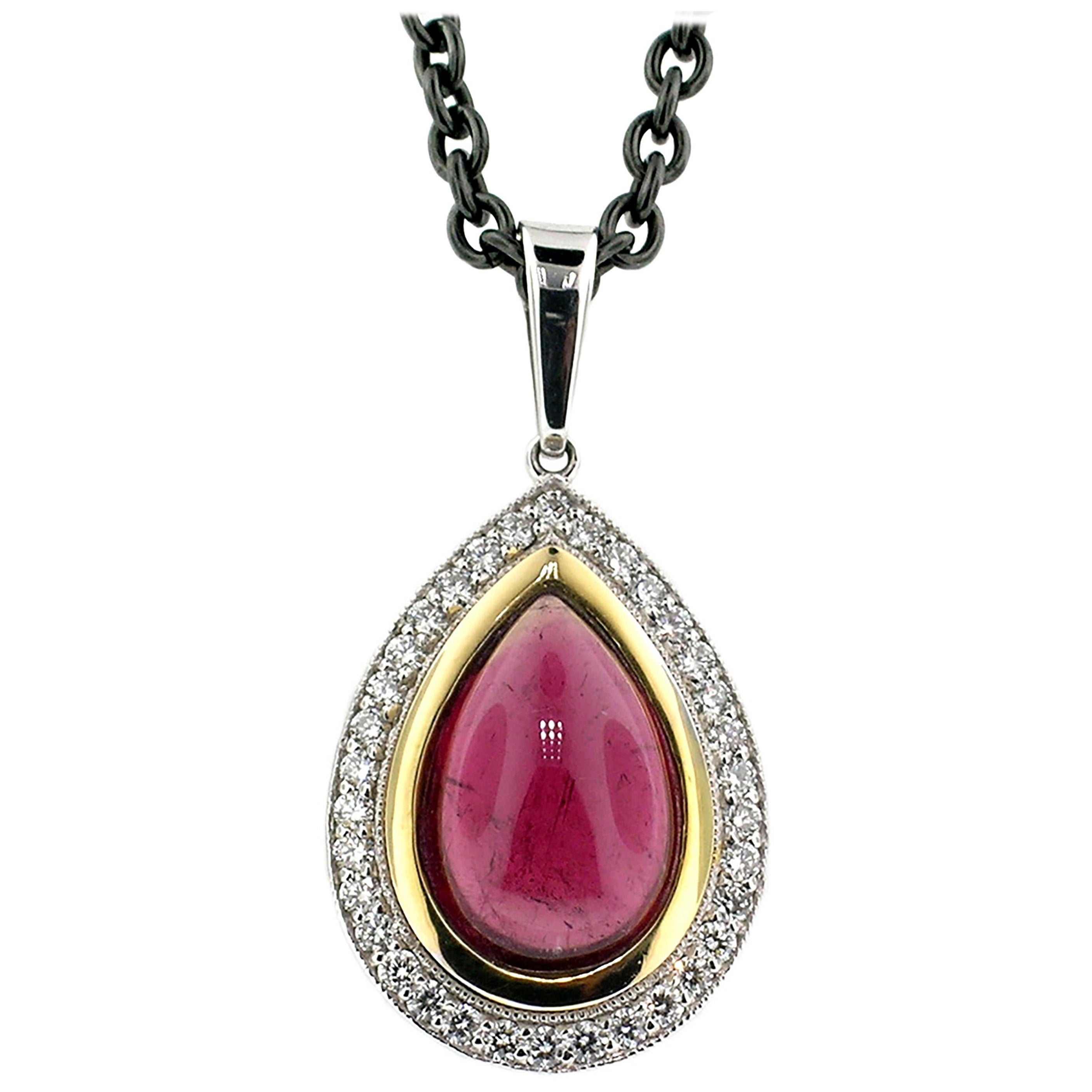 7.69ct Rubellite Tourmaline Cabochon and Diamond 18kt Pendant