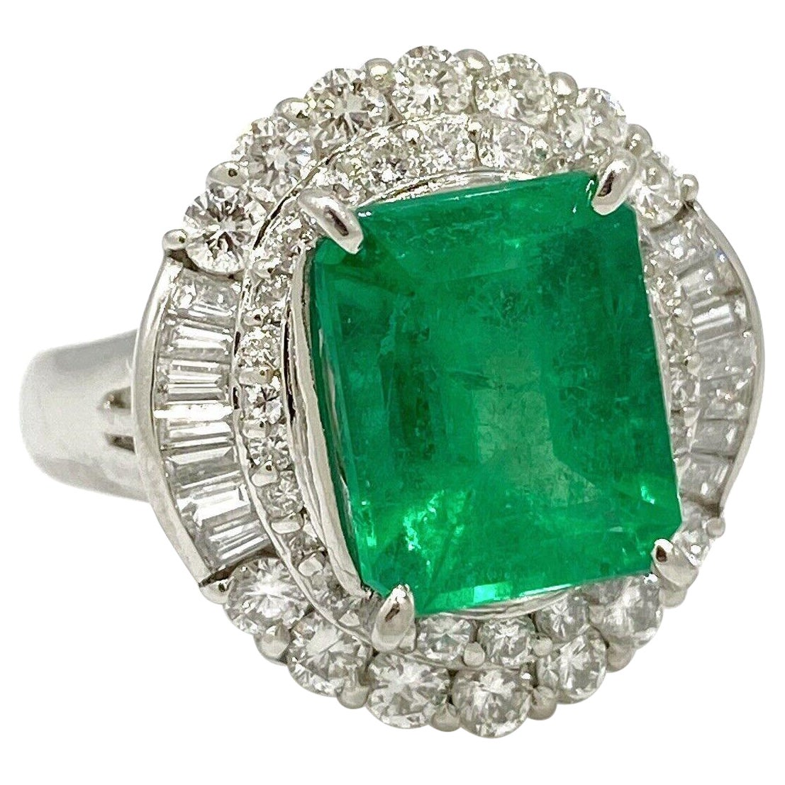 GIA 3.07 Carat Colombian Emerald & Diamond Ballerina Ring in Platinum For Sale