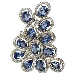 Set in 18K Gold, 6.79 carats Blue Sapphires & Rose Cut Diamonds Cocktail Ring