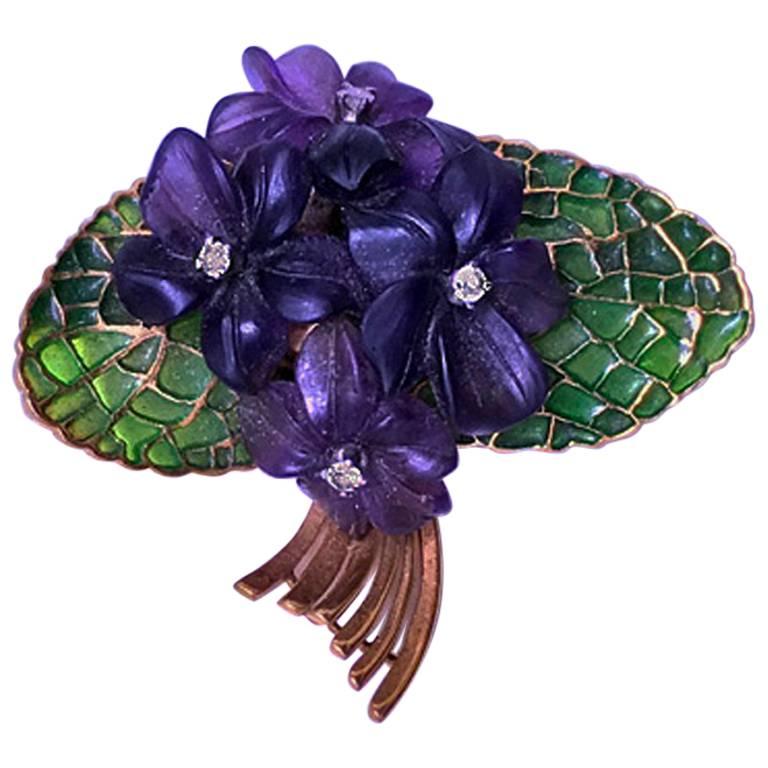 Plique-à-Jour Enamel 18 Karat Brooch, Austria, circa 1950