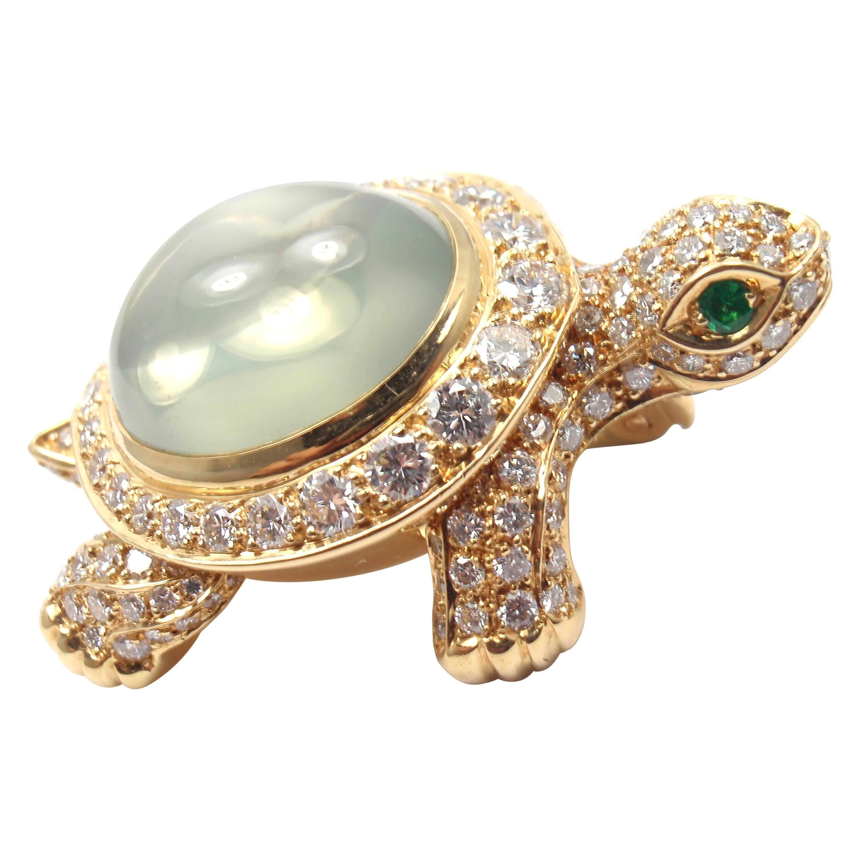 Cartier Turtle Diamond Moonstone Emerald Yellow Gold Pin Brooch