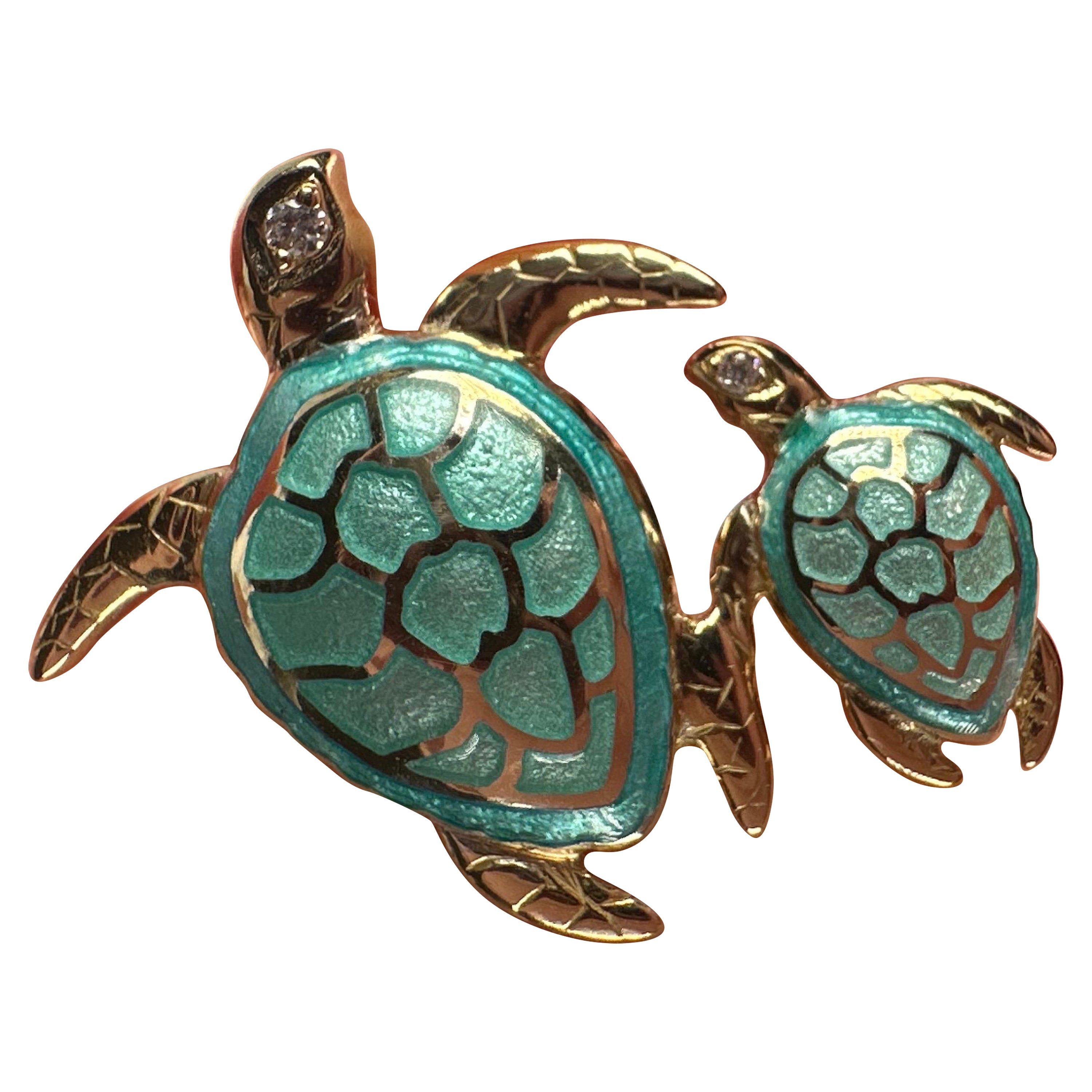 Turtle mother daughter diamond pendant 18KT yellow gold For Sale