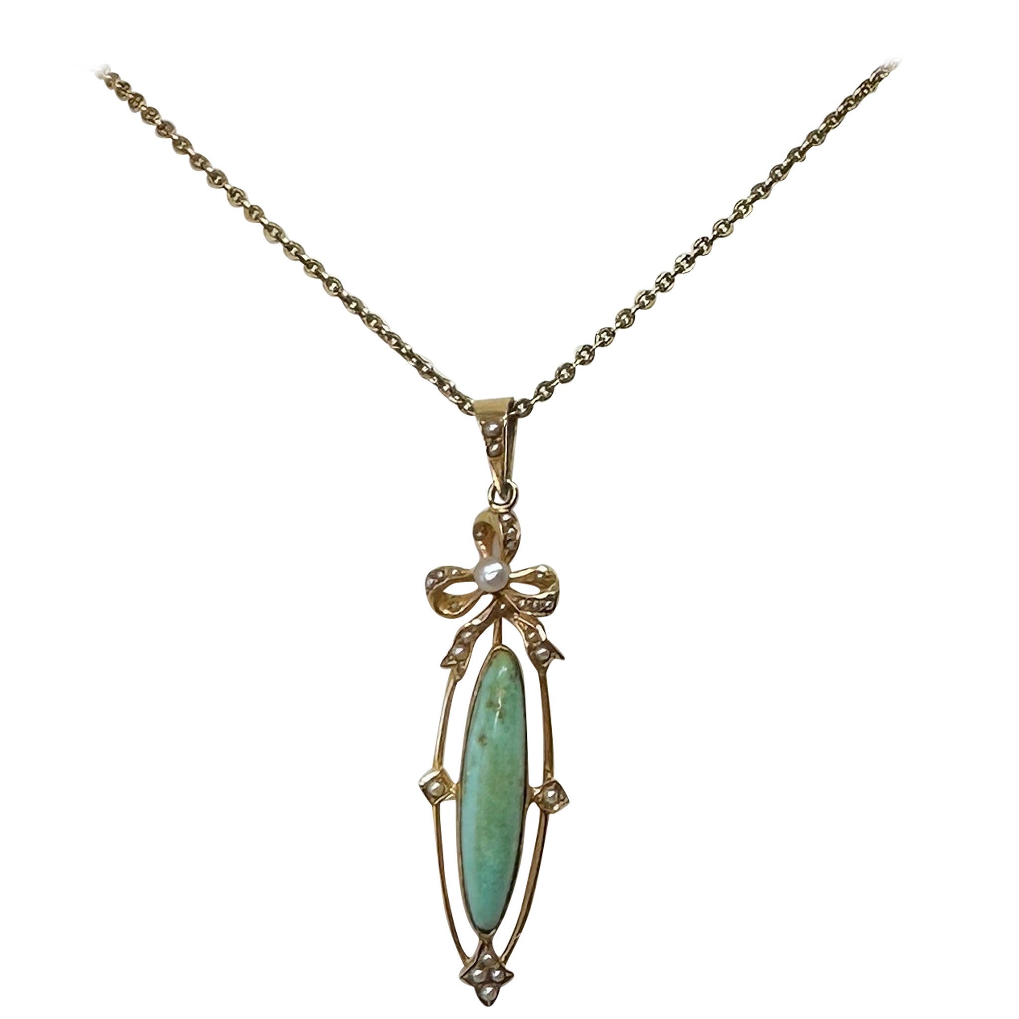 Antique Turquoise Pearl Necklace Bow Motif Victorian 14 Karat Gold Pendant