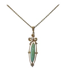 Antique Turquoise Pearl Necklace Bow Motif Victorian 14 Karat Gold Pendant